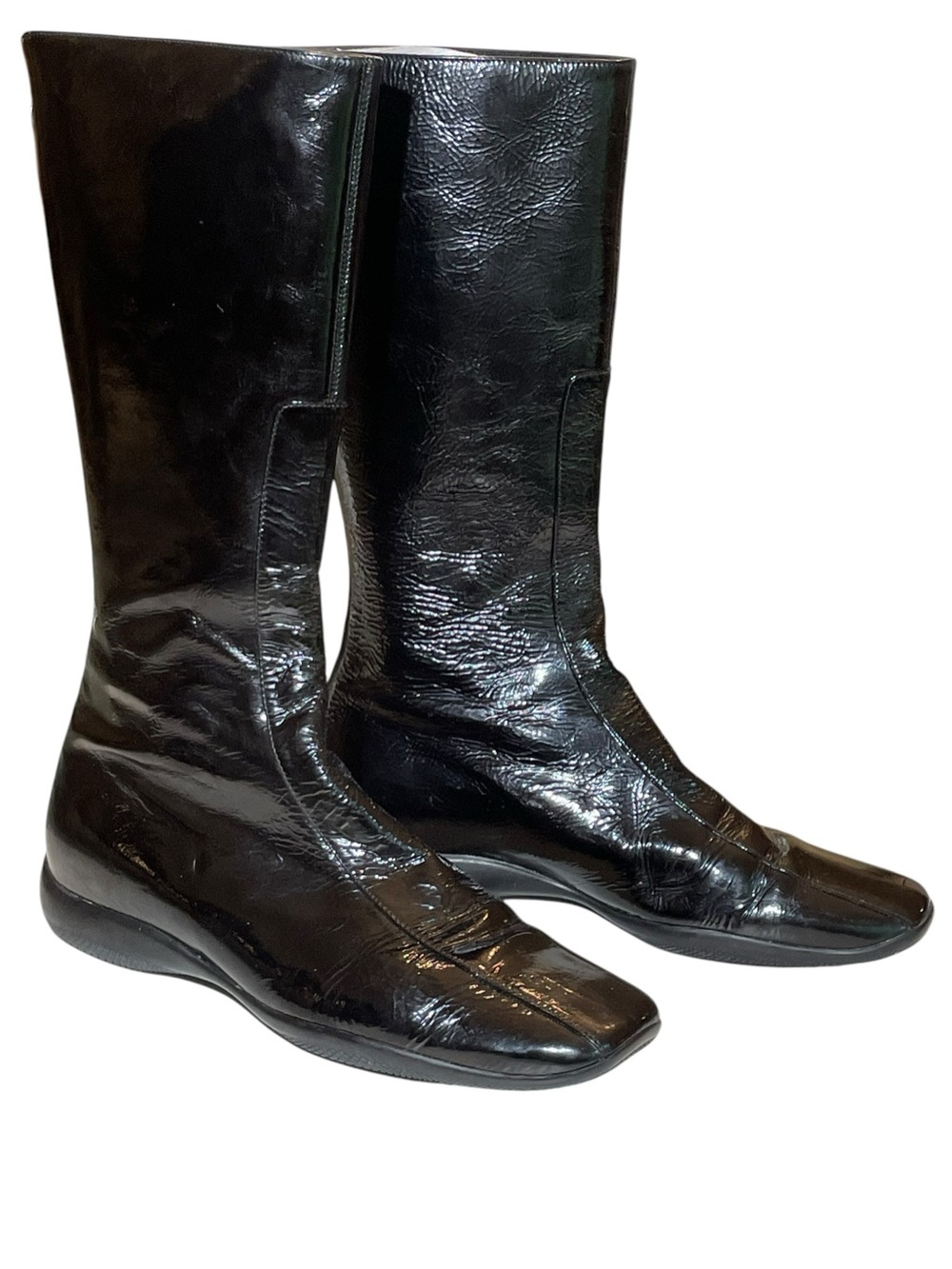 Prada Black Patent Tall Full Back Zip Low Heel Boots Womens Size 39 EU - Picture 8 of 16